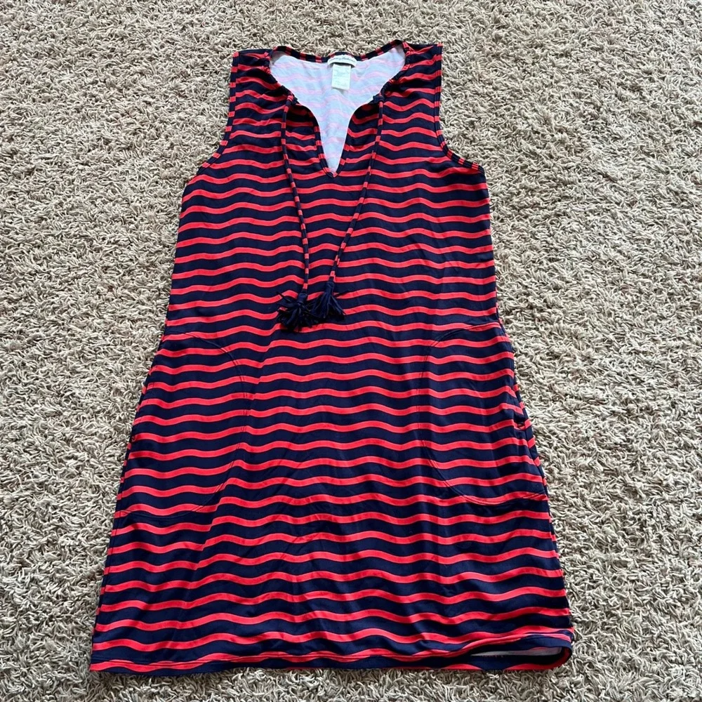 Tommy Bahama Womens Striped Swim Cover Up Dress Tassel V-Neck Blue Red Sz S